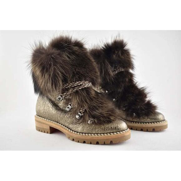 Christian Louboutin Fanny Flat Roche Fur Leather Lace Up Tie Combat Boot 37.5 - Picture 4 of 11